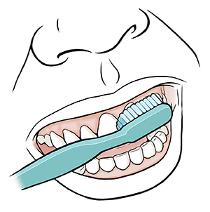 Closeup of mouth showing toothbrush brushing upper teeth.