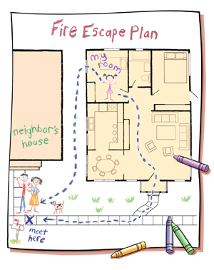 Child's drawing of house plan with fire escape route marked. Crayons lying on top of drawing.
